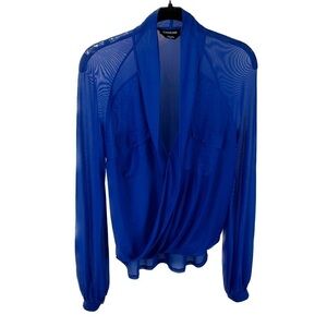 Bebe Blouse Sheer High Low Twist Wrap Surplice Front Long Balloon Sleeve Shirt